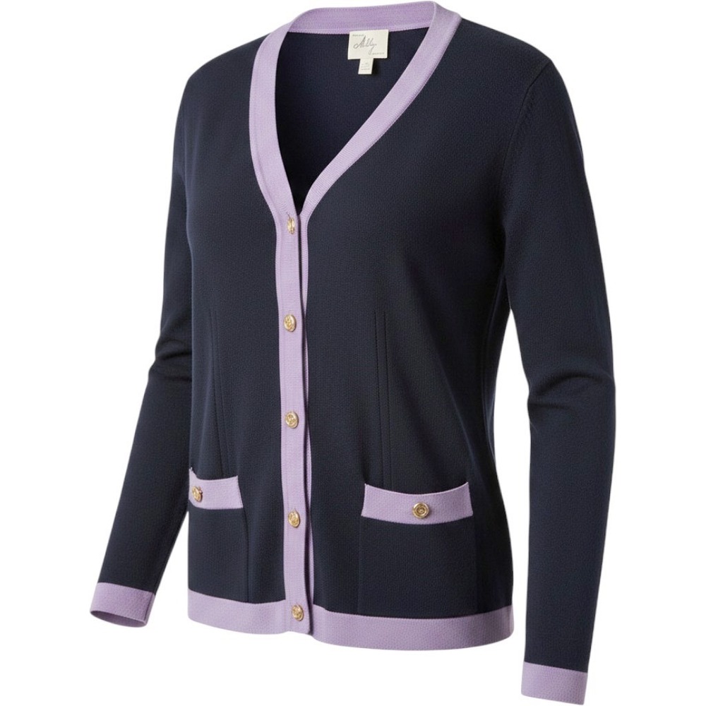Milly of New York Navy Blue Lavender Trim Gold Button Cardigan Sweater Large